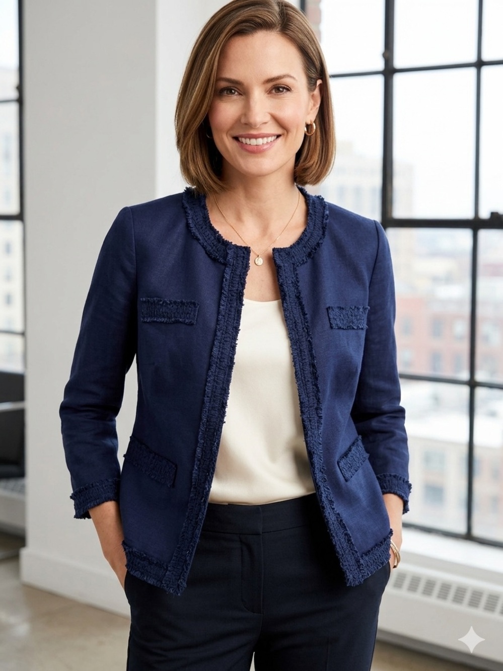Talbots Navy Linen Cotton Snap Front Fringed Blazer Jacket 6